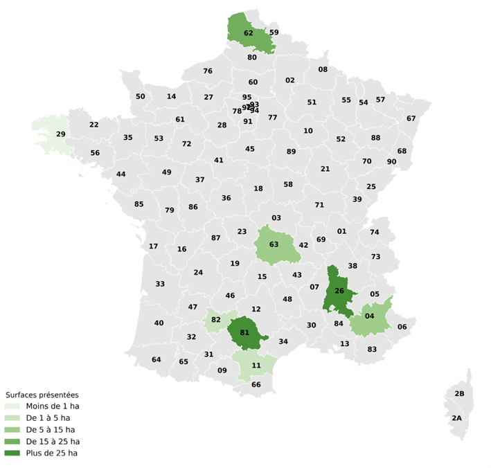 Carte de France avec la surface de production de plant d'ail par département
